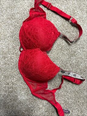 Victoria's Secret Red Lace Push-Up Bra with Embellished Band
